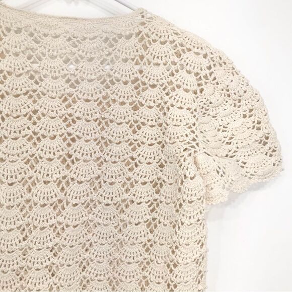Cream Crochet Open Knit Feminine Short Sleeve Boho Beach Top - Picture 8 of 13